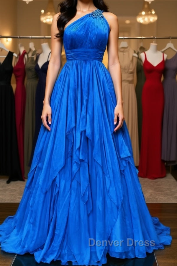 One Shoulder Backless Blue Chiffon Long Prom Dress, Beaded Blue Long Prom Dresses