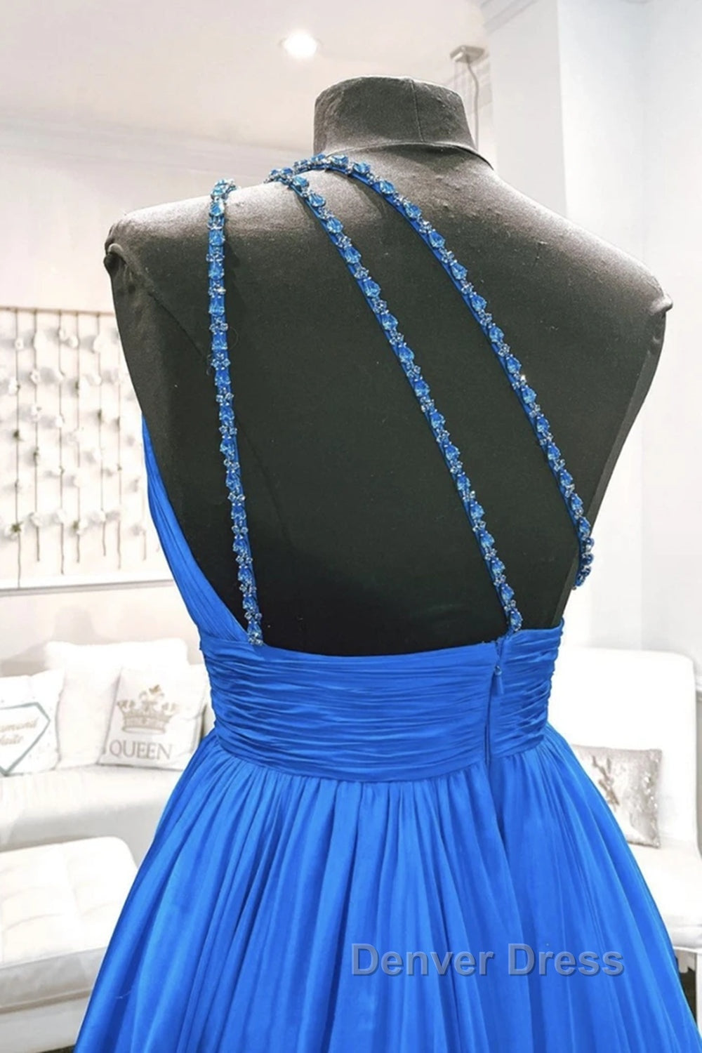 One Shoulder Backless Blue Chiffon Long Prom Dress, Beaded Blue Long Prom Dresses