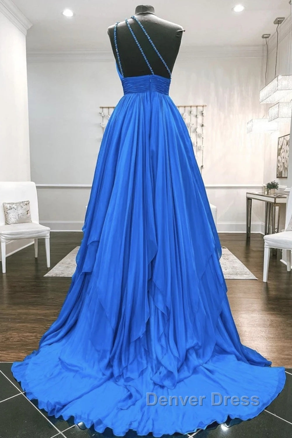 One Shoulder Backless Blue Chiffon Long Prom Dress, Beaded Blue Long Prom Dresses
