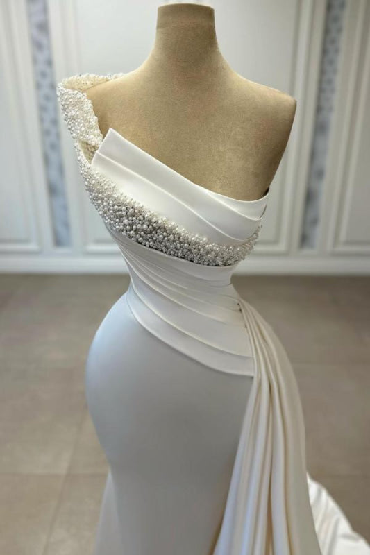 One-Shoulder Beaded Sleeveless Ruched Satin Wedding Dress