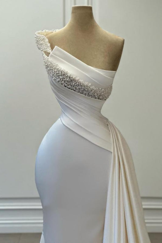 One-Shoulder Beaded Sleeveless Ruched Satin Wedding Dress Main image