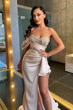 One Shoulder Beadings Prom Dresses Mermaid Side Slit Birthday Outfits