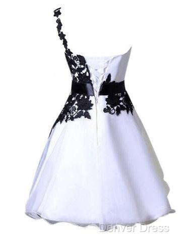 One Shoulder Black Lace Cute Short Homecoming Prom Dresses