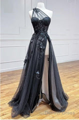 One Shoulder Black Lace Floral Long Prom Dresses With High Slit 21Th Birthday Outfits
