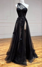 One Shoulder Black Lace Floral Long Prom Dresses With High Slit 21Th Birthday Outfits