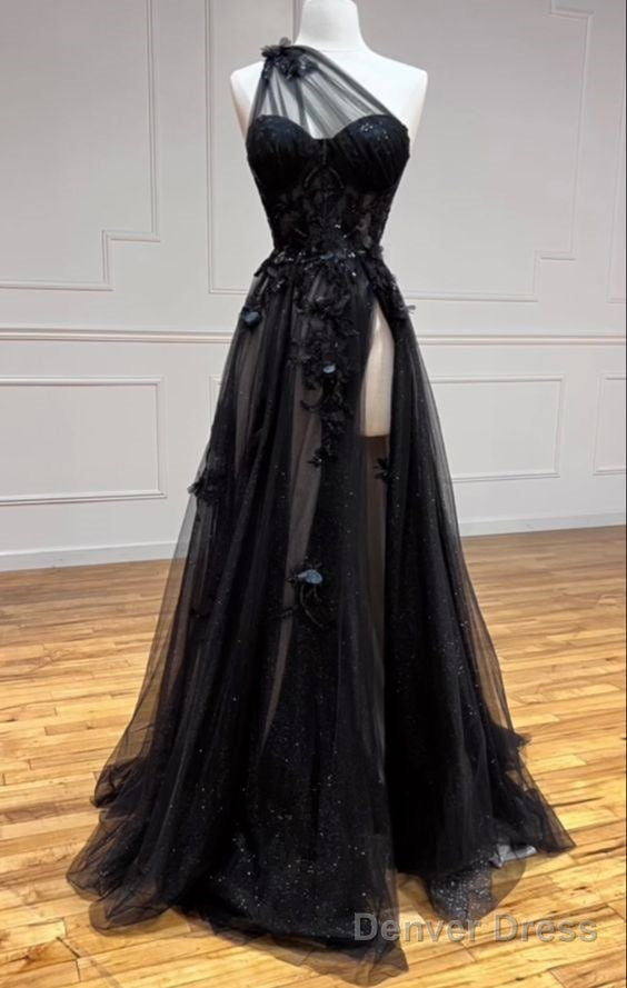 One Shoulder Black Lace Floral Long Prom Dresses With High Slit 21Th Birthday Outfits