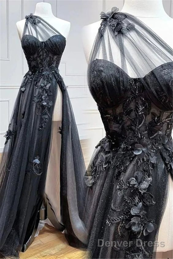 One Shoulder Black Lace Floral Long Prom Dresses With High Slit 21Th Birthday Outfits