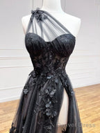 One Shoulder Black Lace Floral Long Prom Dresses With High Slit, Black Formal Graduation Evening Dresses With 3D Flowers