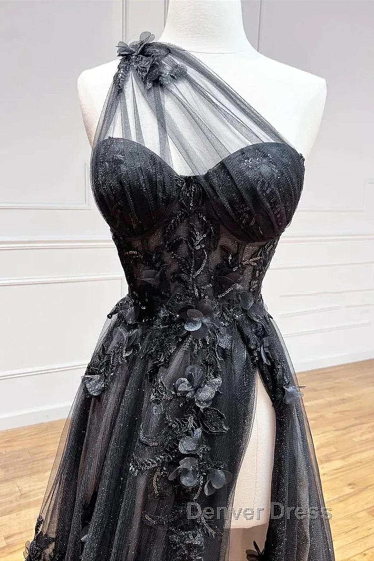 One Shoulder Black Lace Prom Dress, One Shoulder Black Lace Prom Dresses Secondary image