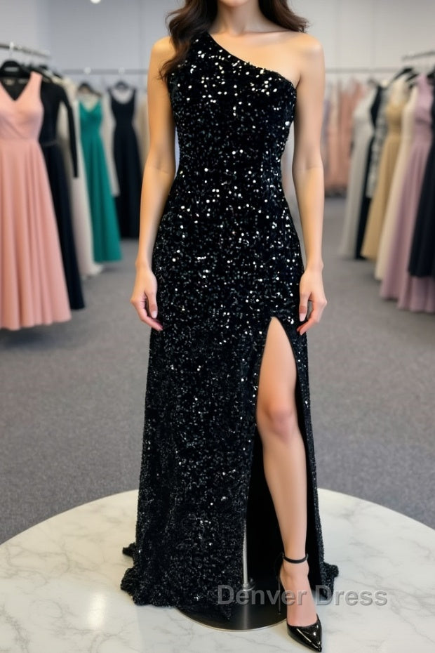 One Shoulder Black Sequins Mermaid Long Prom Dress, Black Sequins Mermaid Long Prom Dresses Main image