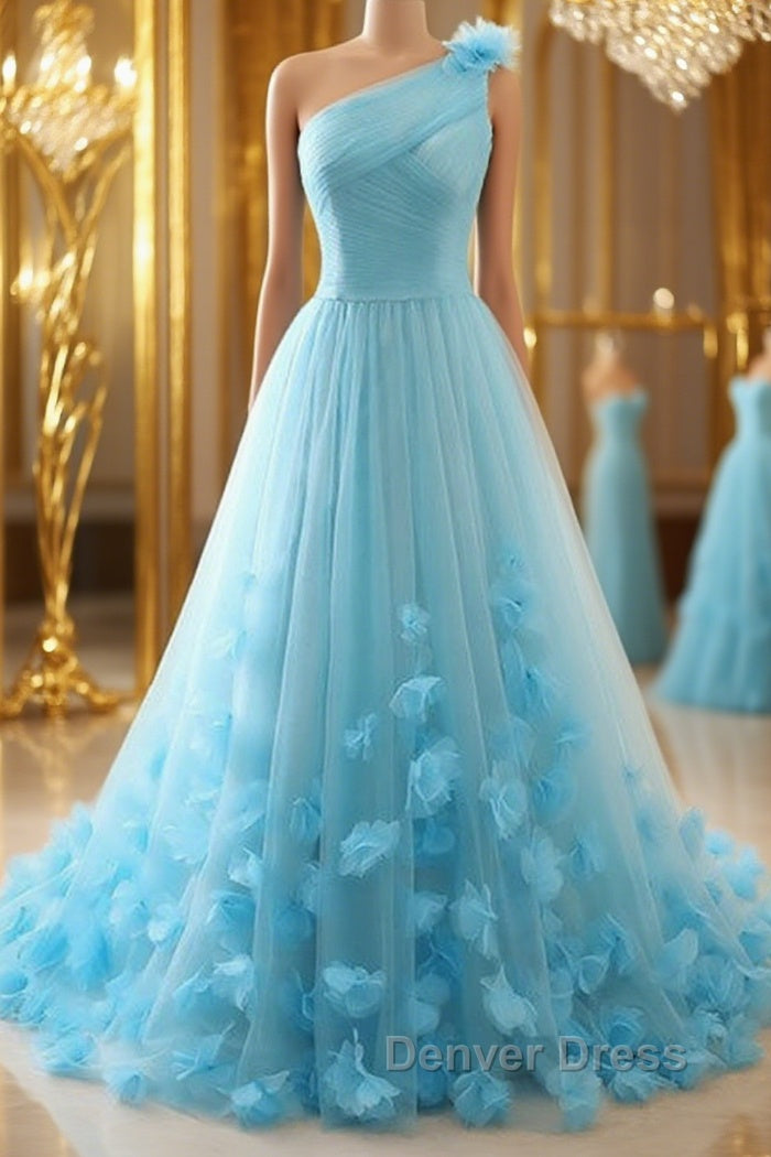 One Shoulder Blue 3D Flowers Long Prom Dresses, Blue Floral Formal Evening Dresses Main image