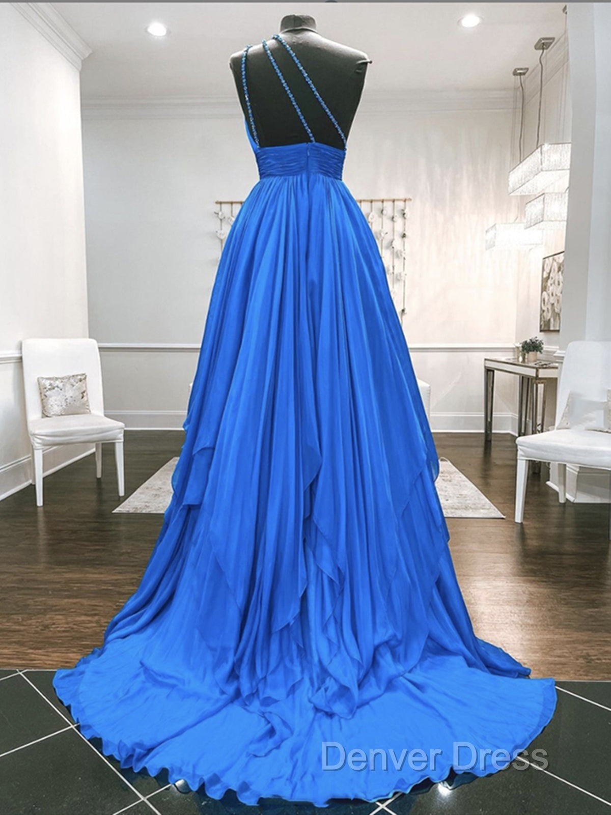 One Shoulder Blue Backless Long Prom Dresses, Open Back Blue Long Formal Evening Dresses Secondary image