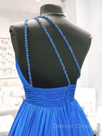 One Shoulder Blue Backless Long Prom Dresses, Open Back Blue Long Formal Evening Dresses