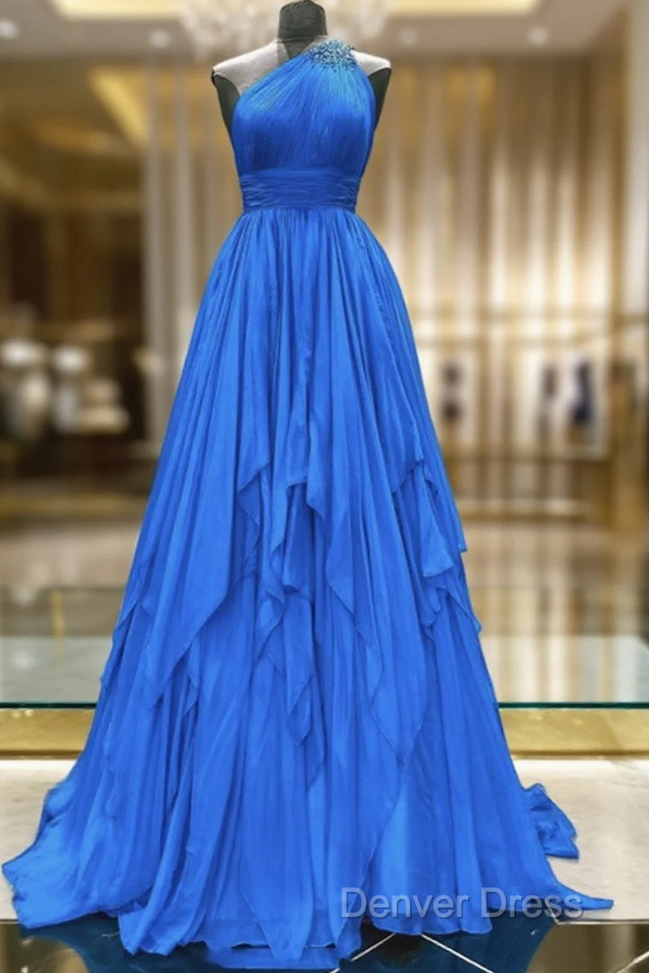 One Shoulder Blue Backless Long Prom Dresses, Open Back Blue Long Formal Evening Dresses Main image