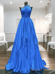 One Shoulder Blue Backless Long Prom Dresses, Open Back Blue Long Formal Evening Dresses