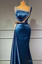 One Shoulder Blue Beading Sequns Long Mermaid Prom Dresses