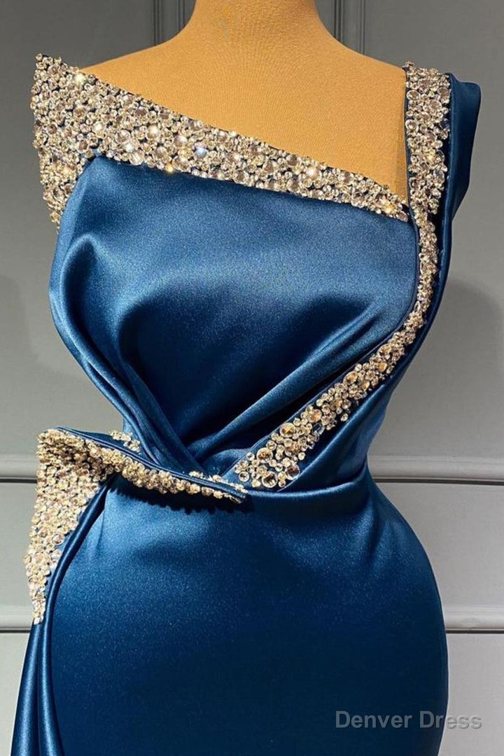 One Shoulder Blue Beading Sequns Long Mermaid Prom Dresses