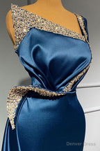 One Shoulder Blue Beading Sequns Long Mermaid Prom Dresses