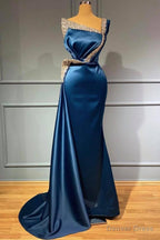 One Shoulder Blue Beading Sequns Long Mermaid Prom Dresses
