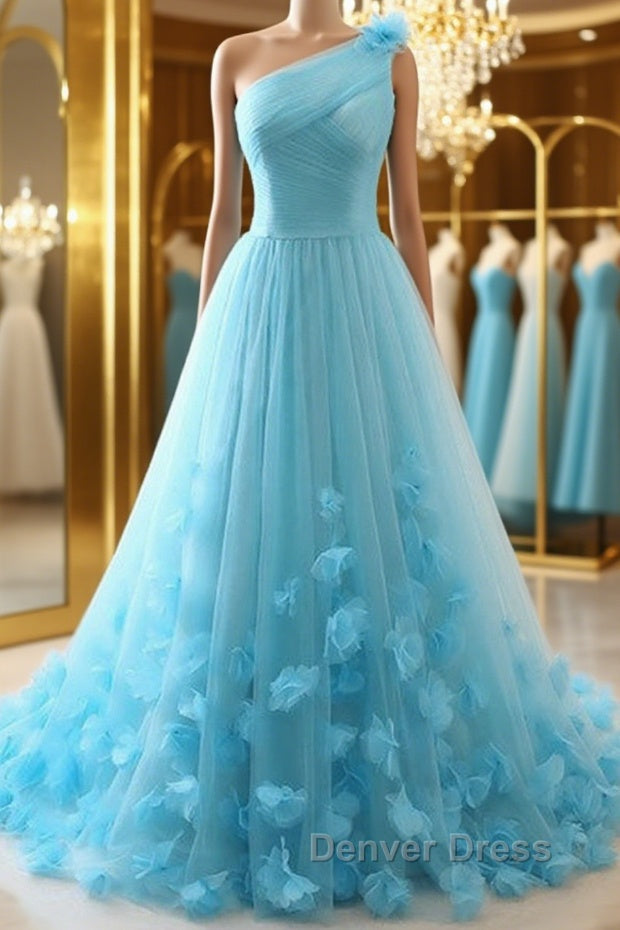 One Shoulder Blue Floral Long Prom Dress, One Shoulder Blue Prom Dress, 3D Flowers Blue Prom Dresses Main image