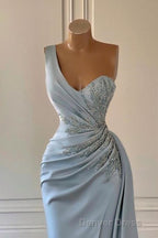 One shoulder blue prom Dresses in mermaid pleats