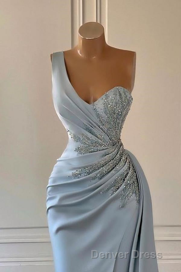 One shoulder blue prom Dresses in mermaid pleats