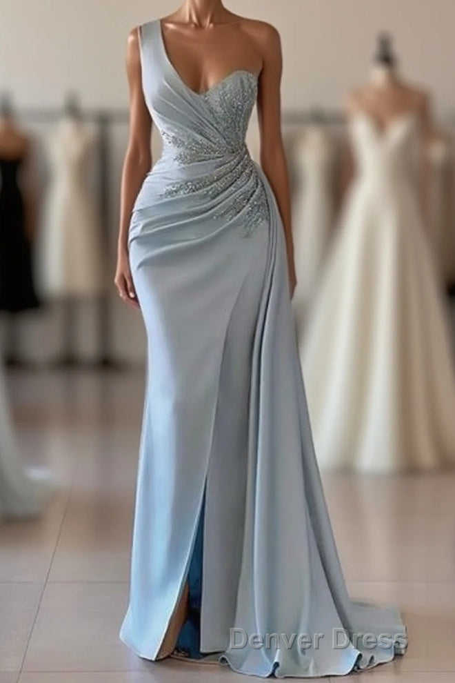 One shoulder blue prom Dresses in mermaid pleats Main image