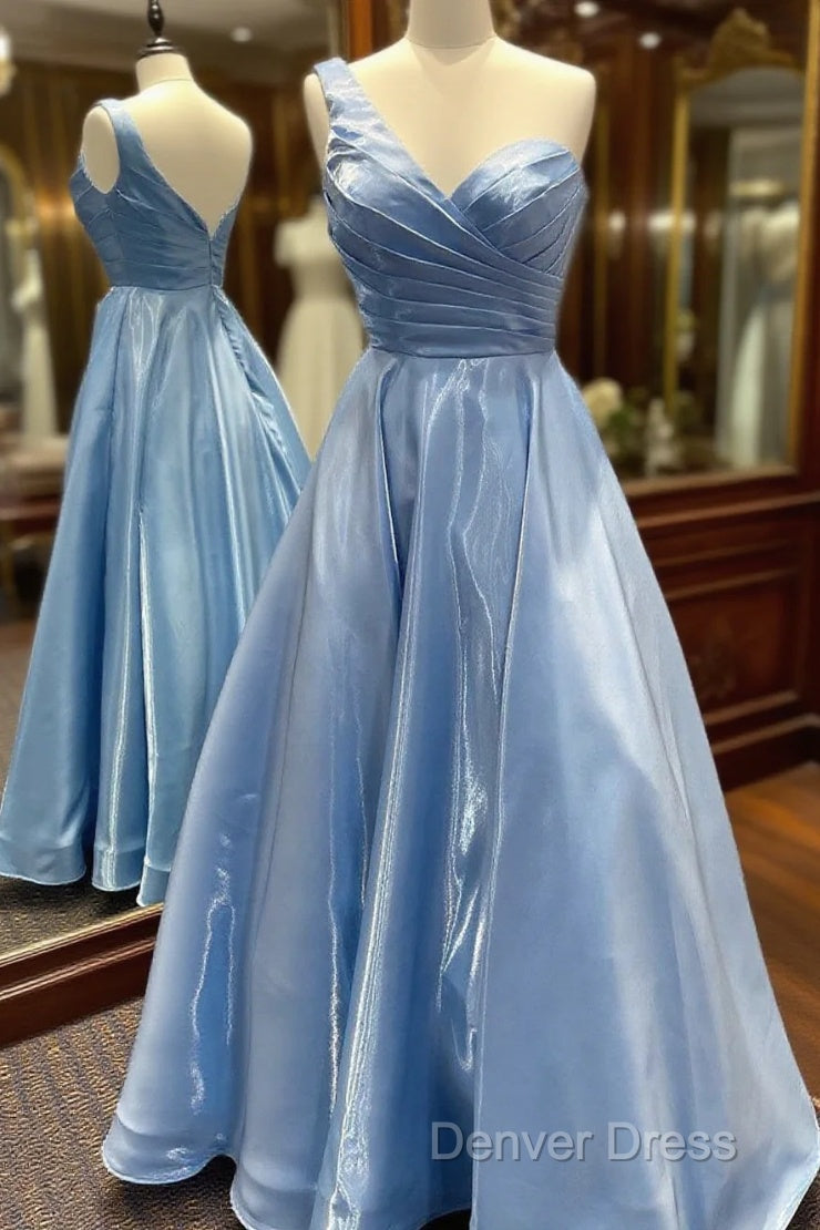 One Shoulder Blue Satin Long Prom Dresses, One Shoulder Blue Long Formal Evening Dresses