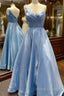 One Shoulder Blue Satin Long Prom Dresses, One Shoulder Blue Long Formal Evening Dresses