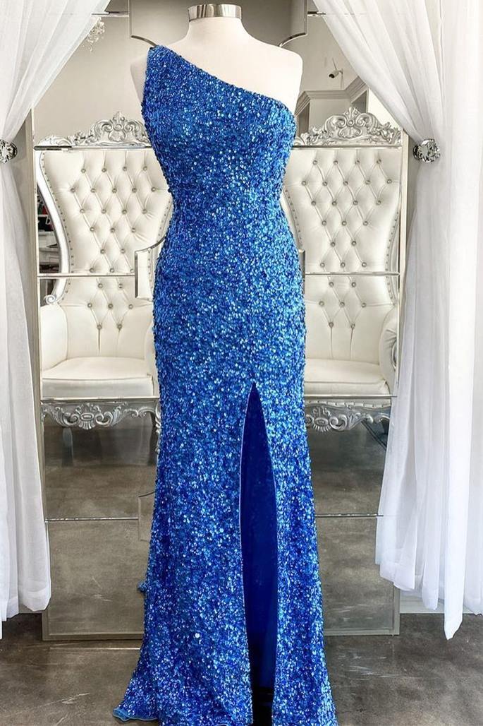 One Shoulder Blue Sequins Mermaid Long Prom Dresses Secondary image