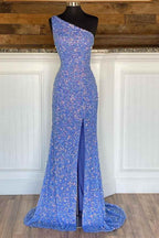 One Shoulder Blue Sequins Mermaid Long Prom Dresses