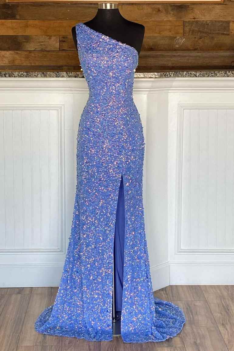 One Shoulder Blue Sequins Mermaid Long Prom Dresses