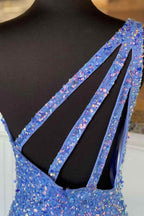 One Shoulder Blue Sequins Mermaid Long Prom Dresses