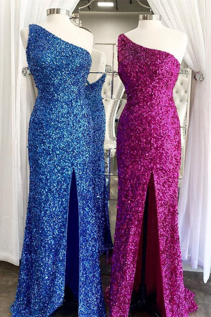 One Shoulder Blue Sequins Mermaid Long Prom Dresses Main image
