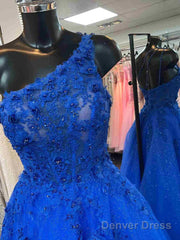 One Shoulder Blue Yellow Long Lace Prom Dresses, One Shoulder Lace Formal Evening Dresses