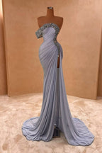 One Shoulder Cap Sleeves Gray High Split Floor Length Prom Dresses