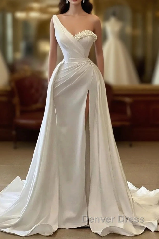 One Shoulder Charmeuse White Wedding Dresses With Beadings Sleeveless Floor Length Elegant