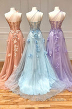 One Shoulder Floral Long Prom Dress, Prom Graduation Prom Dresses