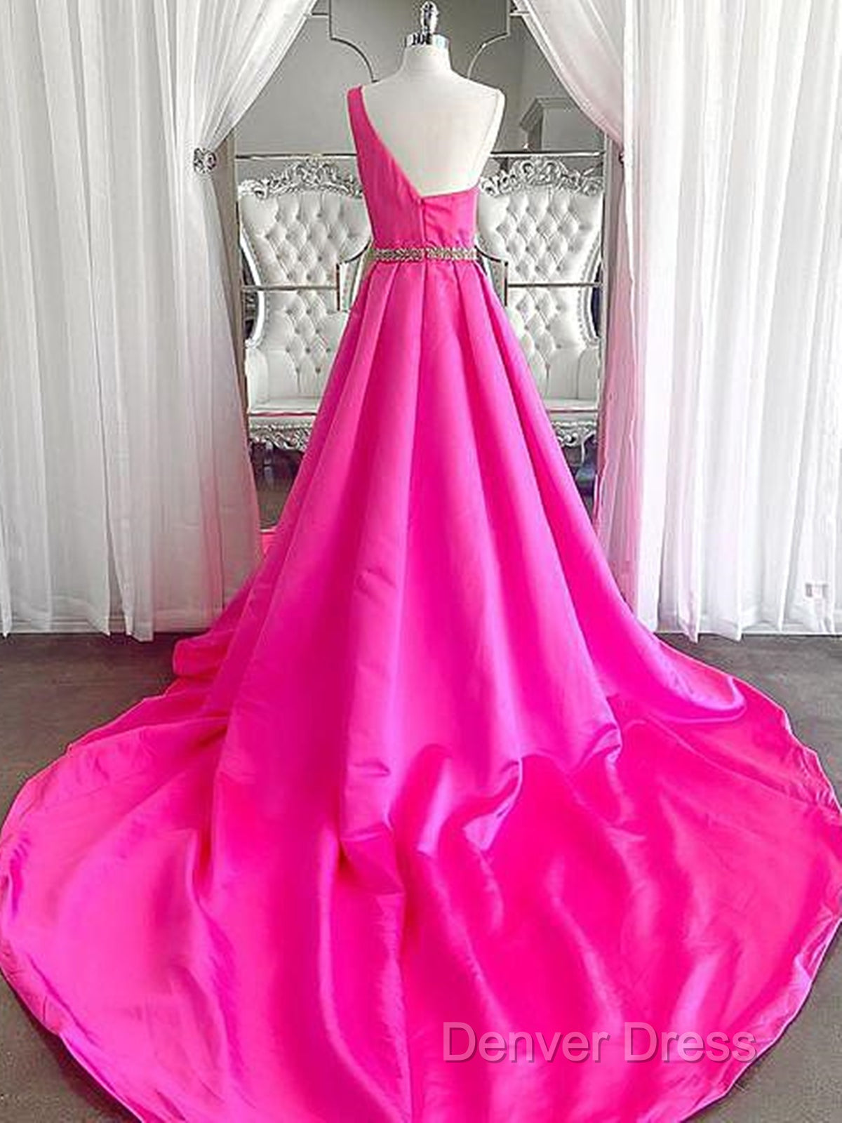 One Shoulder Hot Pink Prom Dress, Hot Pink One Shoulder Prom Dresses