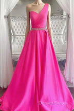 One Shoulder Hot Pink Prom Dress, Hot Pink One Shoulder Prom Dresses