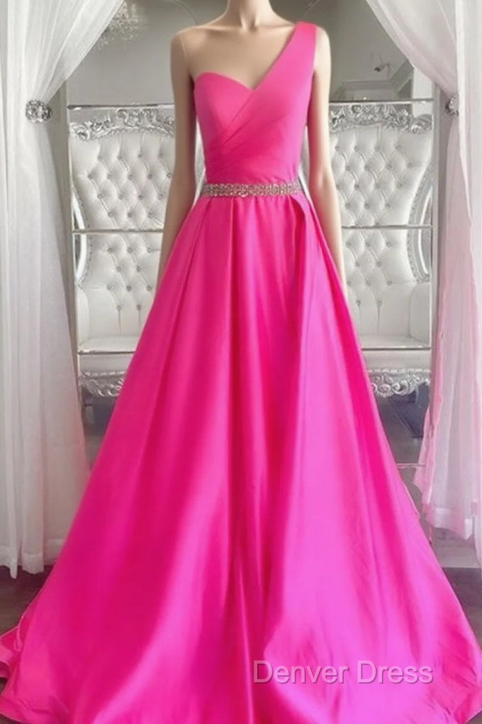 One Shoulder Hot Pink Prom Dress, Hot Pink One Shoulder Prom Dresses
