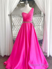 One Shoulder Hot Pink Prom Dresses, Hot Pink One Shoulder Formal Evening Dresses