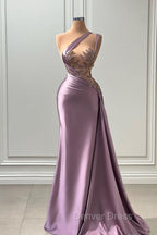 One shoulder Lavender A Line Satin Long Prom Dresses