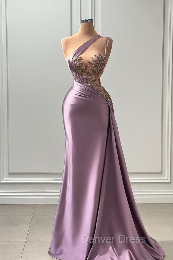 One shoulder Lavender A Line Satin Long Prom Dresses