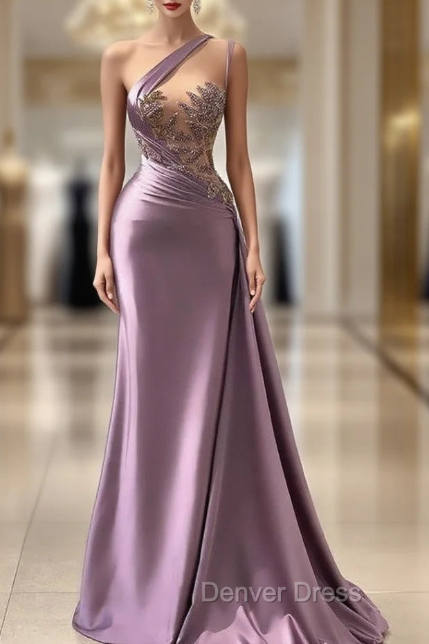 One shoulder Lavender A Line Satin Long Prom Dresses Main image