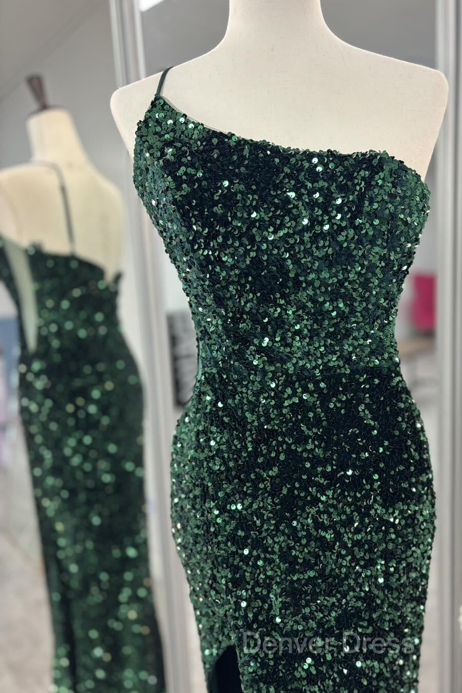 One Shoulder Long Emerald Green Prom Dresses Mermaid Sequin Secondary image