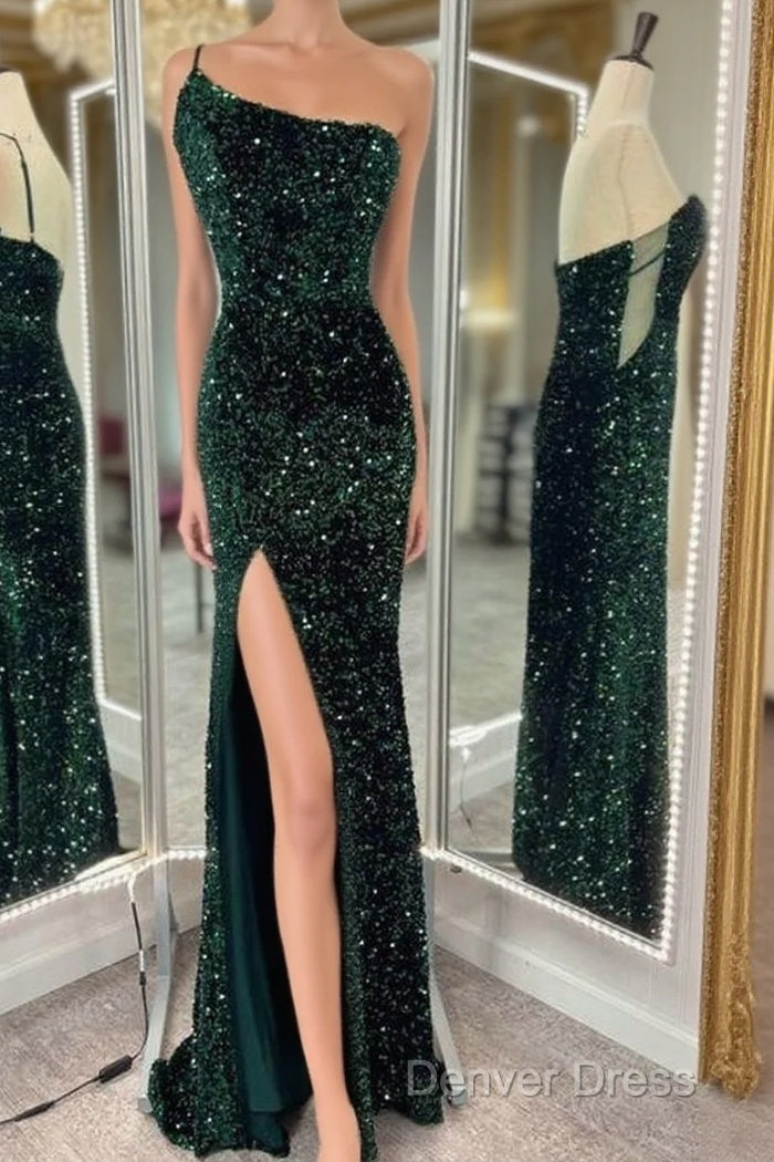 One Shoulder Long Emerald Green Prom Dresses Mermaid Sequin Main image