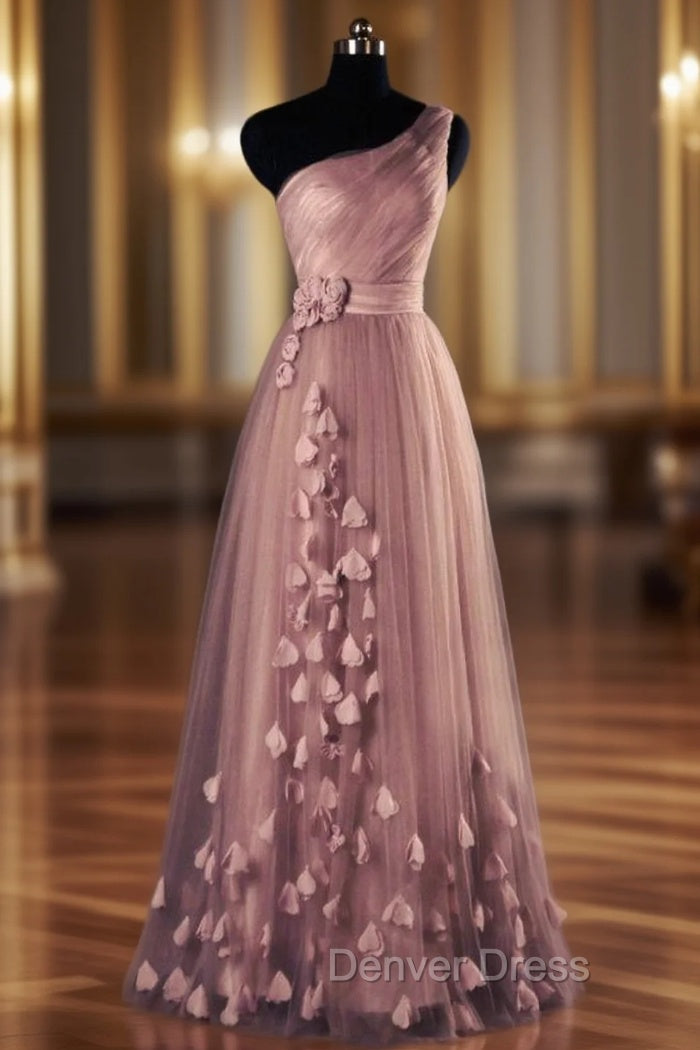 One-Shoulder Long/Floor-Length A-Line/Princess Tulle Prom Dresses With Flowers Waistband Main image
