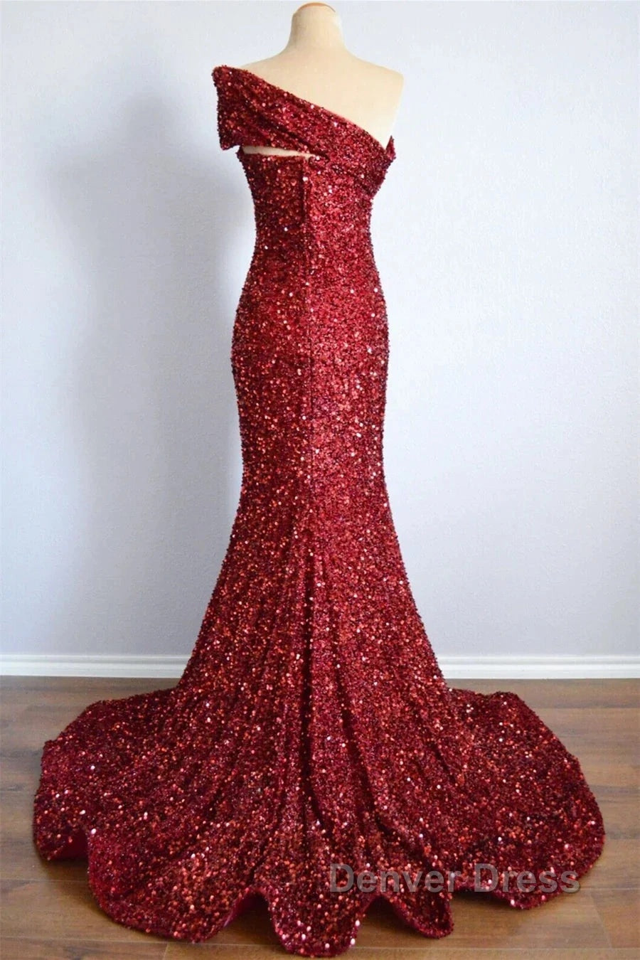 One Shoulder Long Sequins Prom Dresses Burgundy Mermaid
