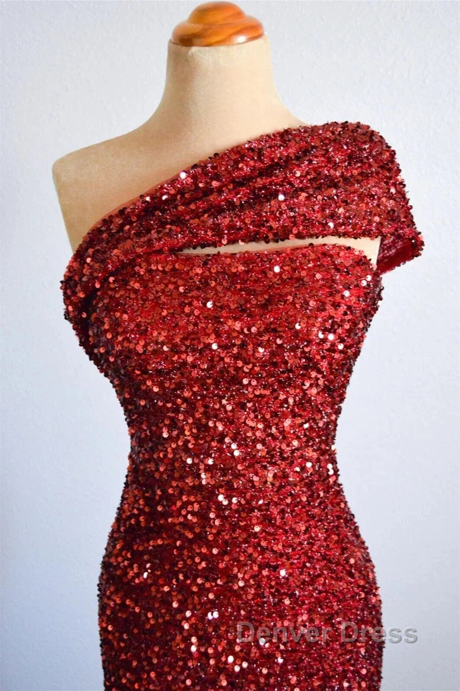 One Shoulder Long Sequins Formal Dresses Burgundy Mermaid